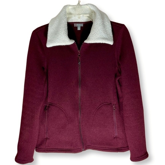 TALBOTS Preppy Classic Fleece Zip Up Jacket Retro Red Wine Burgundy Small Petite - Picture 2 of 10